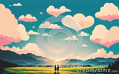 Romantic Landscape for Valentine's Day with Couple In Love and Heart Shaped Clouds Stock Photo