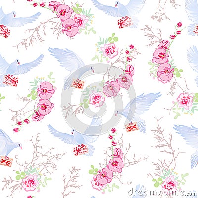 Romantic letters, flower bouquets and pigeons seamless vector print Vector Illustration