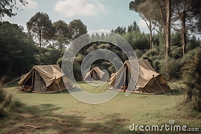 luxury travel camping light vacation canvas tent glamping nature forest. Generative AI. Stock Photo