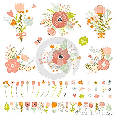 Romantic and love Summer bouquets of flowers Vector Illustration