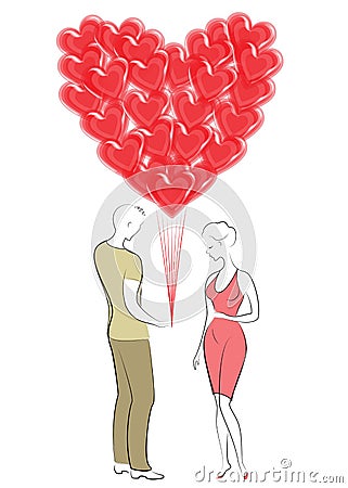 Romantic love. A young man gives a sweet lady a bouquet of balloons in the shape of a heart. Valentine s Day. Vector illustration Cartoon Illustration