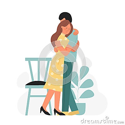Romantic lovely young couple hugging moment Vector Illustration