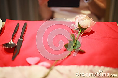 Romantic luxurious lunch or dinner on dining table, dating with wife or girlfriend, anniversary surprise meal with blurred woman Stock Photo