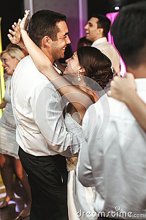 Romantic married couple bride and groom dancing at wedding reception in france Stock Photo