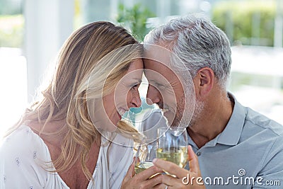 Romantic mature couple holding wineglass Stock Photo