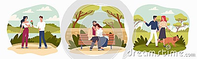 Romantic meetings in nature. People young couple characters rest outdoor, couples in love, walking dog, first date, man Vector Illustration