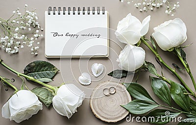 Romantic mockup with flowers and a notebook on a beige background. Stock Photo