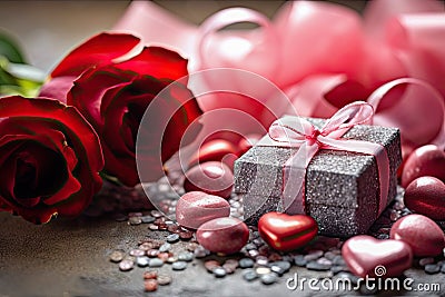 Romantic Moments Creative Love Background with Hearts, Gift, and Red Roses Stock Photo