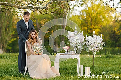 Romantic moments of a young wedding couple on summer meadow Stock Photo