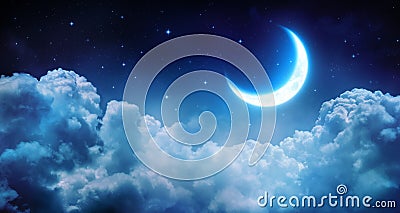 Romantic Moon In Starry Night Stock Photo