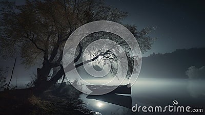 romantic moonlit riverfront cold fog AI Generative Image Stock Photo