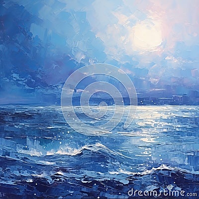 Romantic Moonlit Seascapes: Blue Ocean Night Oil Painting Stock Photo