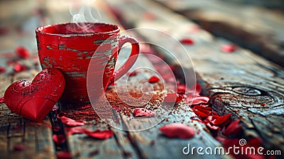 Romantic morning coffee cup with heart shaped steam rising on a rustic wooden background Stock Photo