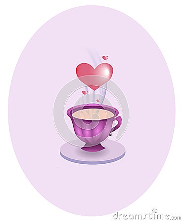 Romantic morning coffee in a pink cup with hearts flowing above Vector Illustration