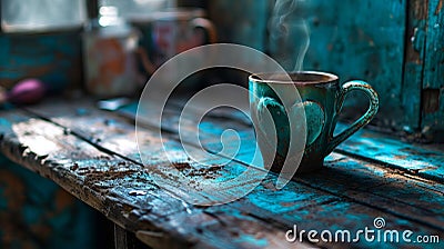 romantic morning heart shaped steam rising from traditional coffee cup on rustic wood Stock Photo