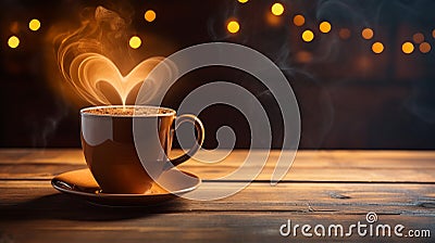 Romantic morning vibes traditional coffee cup with heart shaped steam on rustic wood background Stock Photo