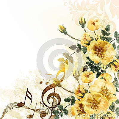 Romantic music background with yellow roses in vintage style Stock Photo