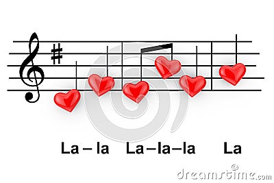 Romantic Music Concept. Abstract Notes as Red Hearts. 3d Rendering Stock Photo