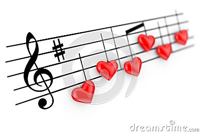 Romantic Music Concept. Abstract Notes as Red Hearts. 3d Rendering Stock Photo