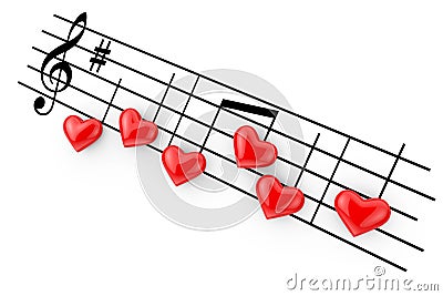 Romantic Music Concept. Abstract Notes as Red Hearts. 3d Rendering Stock Photo