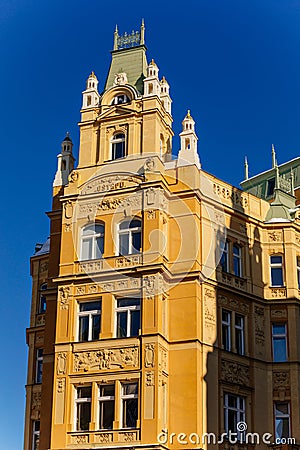 Romantic neo-renaissance stately townhouse, Art Nouveau facade, historical building in old town, most prestigious boulevard Stock Photo