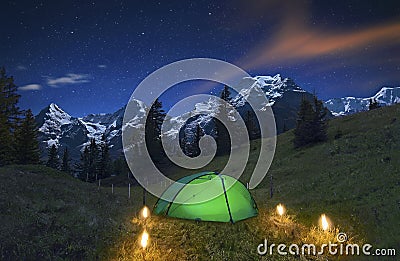 Camping in the Swiss Alps Stock Photo