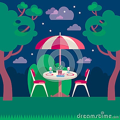 Romantic night picnic for two. Flat modern vector illustration. Vector Illustration