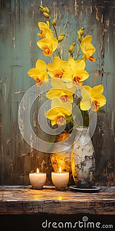 Romantic Nostalgia: Yellow Orchid Flowers With Candles - Martin Rak Inspired Decor Stock Photo