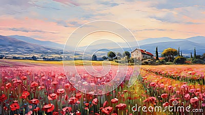 Romantic Oil Painting: Poppy Field And Farmhouse In Provence Morning Stock Photo