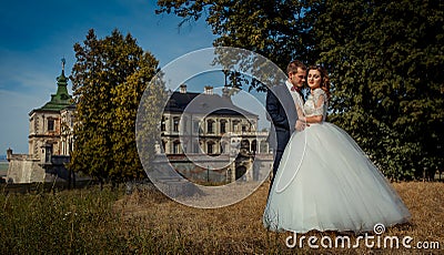 Romantic outdoor postrait at the background of the old palace. Beautiful happy hugging newlywed couple. Stock Photo