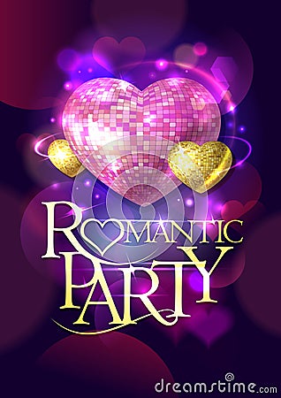 Romantic party design with gold and pink mosaic hearts. Vector Illustration