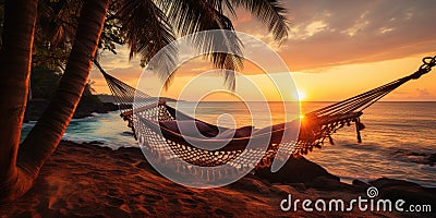Romantic photo of hammock against the backdrop of a sunset on the ocean. Generative AI Stock Photo