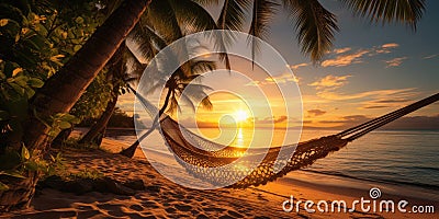 Romantic photo of hammock against the backdrop of a sunset on the ocean. Generative AI Stock Photo