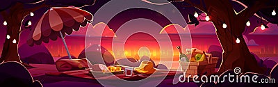 Romantic picnic with basket in city park on sunset Vector Illustration