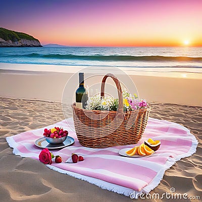 romantic picnic at sea beach with a glass of Cartoon Illustration