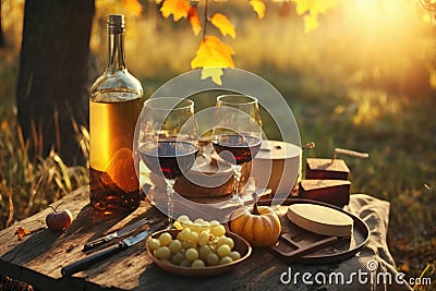 Romantic picnic with wine in autumn park. Created with Generative AI technology Stock Photo