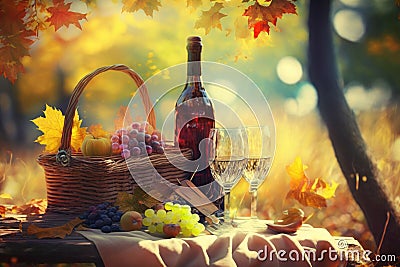 Romantic picnic with wine in autumn park. Created with Generative AI technology Stock Photo