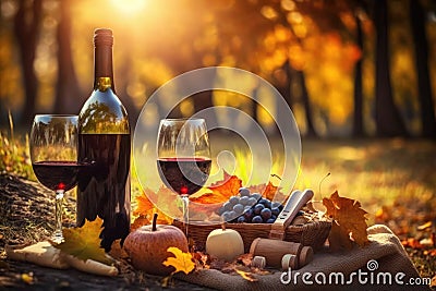 Romantic picnic with wine in autumn park. Created with Generative AI technology Stock Photo