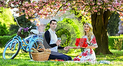 Romantic picnic with wine. Flowers symbol of romance and affection. Enjoying their perfect date. Couple relaxing in park Stock Photo
