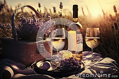 Romantic picnic with wine on a lavender field. Created with Generative AI technology Stock Photo