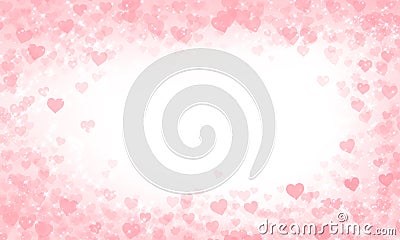 Romantic pink cute light saturated bright background with many hearts and shining small stars, with a place for text in the center Stock Photo