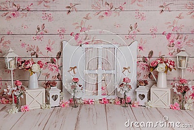 Romantic pink flowers, boho chic custom made sett up Stock Photo