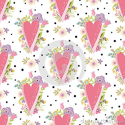 Romantic pink hearts pattern decorated cute flowers. Valentines Day love seamless background Cartoon Illustration