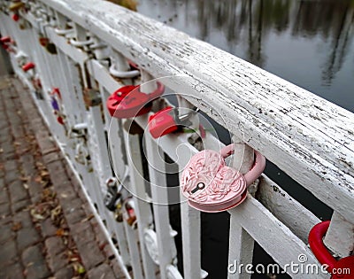 Romantic pink memory door-lock on a bridge Stock Photo