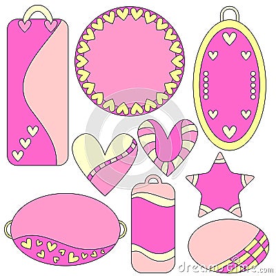 Romantic pink and yellow tags, labels, hearts and star Stock Photo
