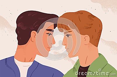 Romantic portrait of homosexual couple in love. Young men looking at each other. Concept of tenderness, romance and Vector Illustration