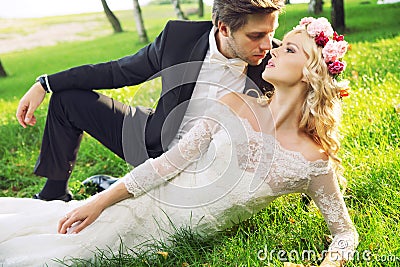 Romantic portrait of the marriage couple Stock Photo