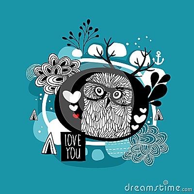 Romantic portrait of the owl in eyeglasses. Vector Illustration