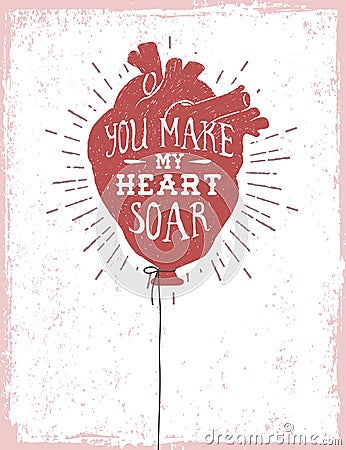 Romantic poster with a heart as a balloon. Vector Illustration