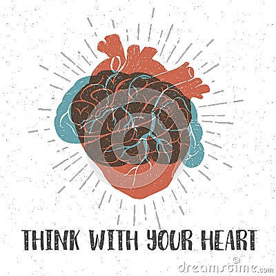 Romantic poster with human heart, brain, and lettering. Vector Illustration